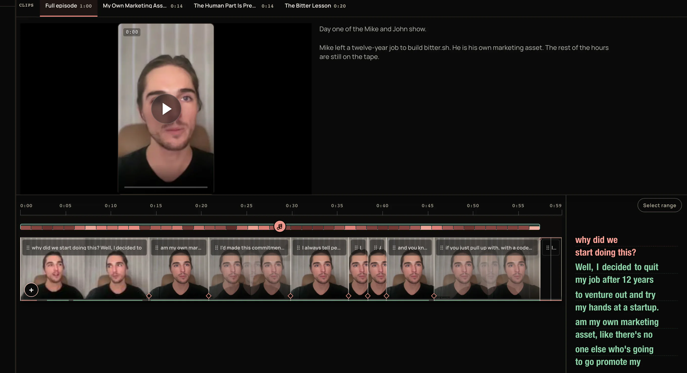 The BitterClip editor open on the same day-one cut as the clip above: Mike on camera, the clip description beside him, the takes on the filmstrip, and the transcript of him quitting his job